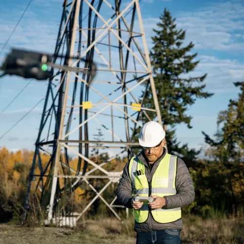 Worker in a safety vest and hard hat using a handheld device near a utility tower while a drone flies nearby.